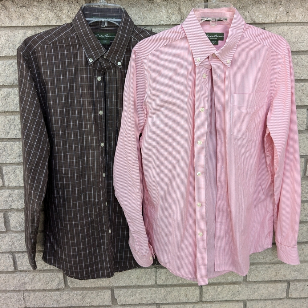 Lot Of 2 Eddie Bauer Wrinkle Resistant 1 Striped 1 Plaid Button-Down Mens Small